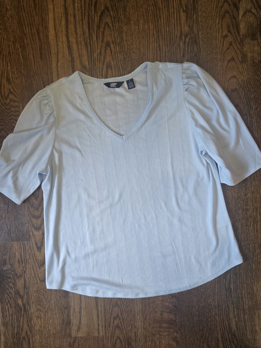 Lands' End Women's Large Light Blue Pointelle V-neck Elbow Sleeve Top NWOT